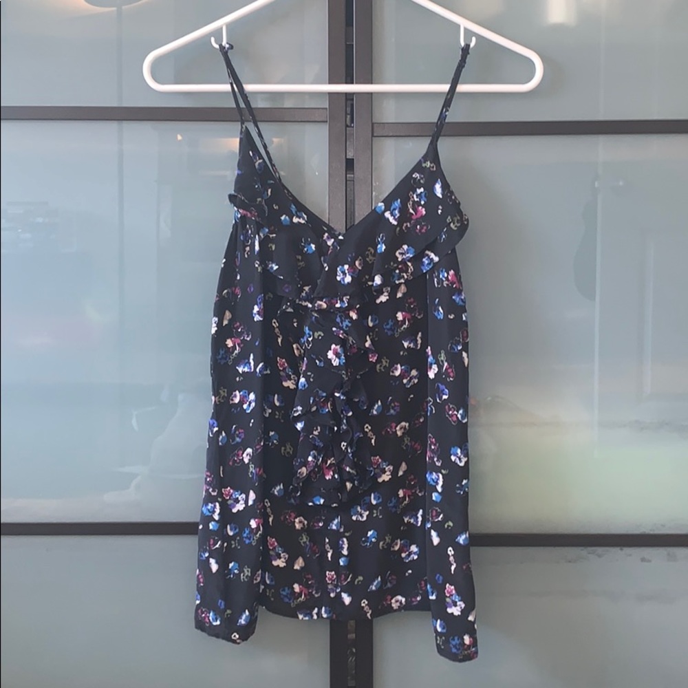 Black flower print tank with ruffles